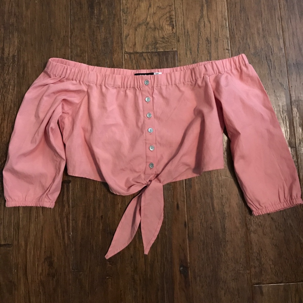 Urban Outfitters Tie Front Off Shoulder Crop Top.